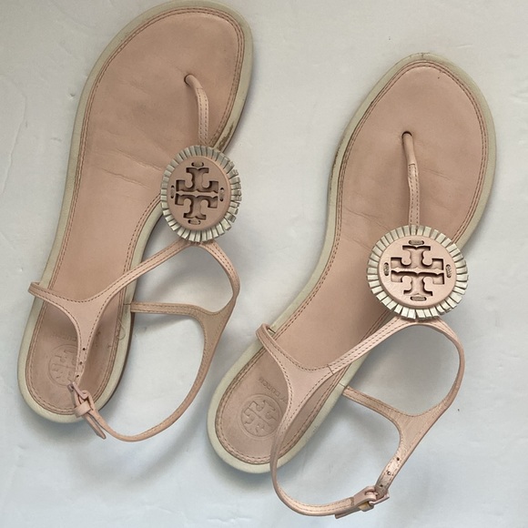 Tory Burch Miller Fringe Rosette Pink Leather Flat Sandal Ankle Strap10.5 Brazil - Picture 2 of 6